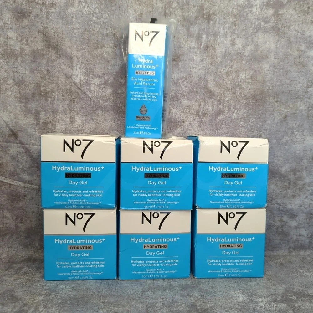 Lot of 7 ~ No. 7 HydraLuminous Skincare~ Hydrating Day Gel & 2% Hyaluronic Serum